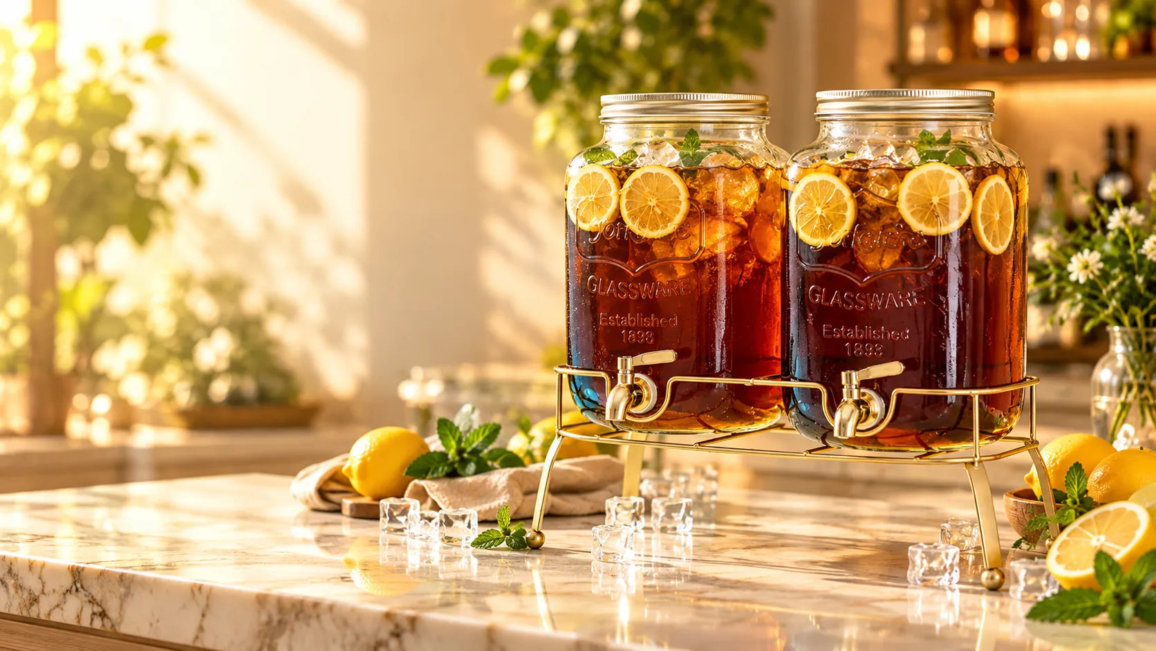 Glass dispensers of iced tea on a sunlit bar