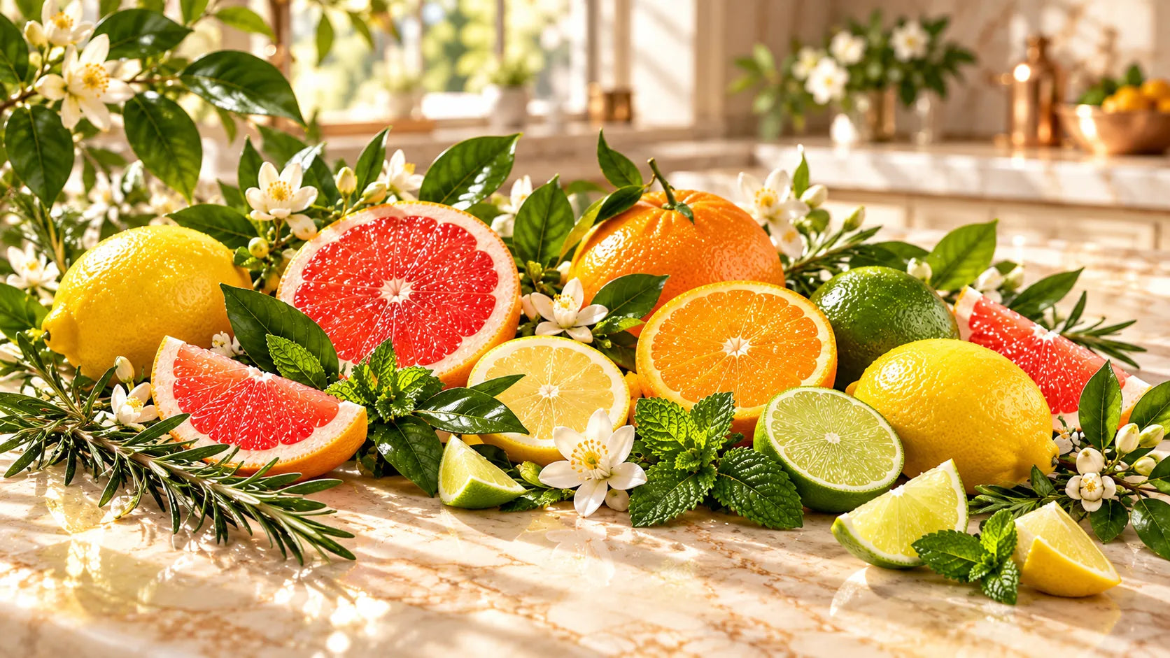 Fresh citrus, herbs and blossoms on a marble counter